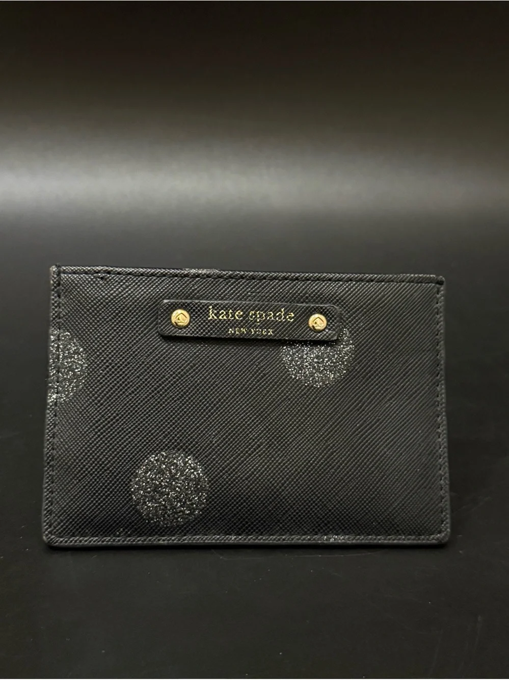 KATE SPADE Haven Lane Graham Glitter Black Crossgrain Leather Card Case Wallet